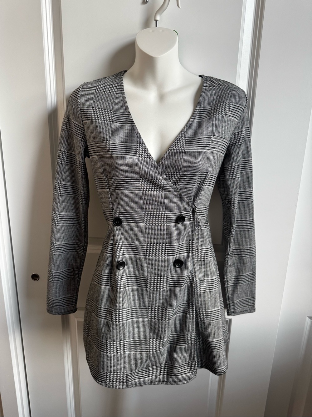 H&M Black and Gray Plaid Double-Breasted Wrap Romper